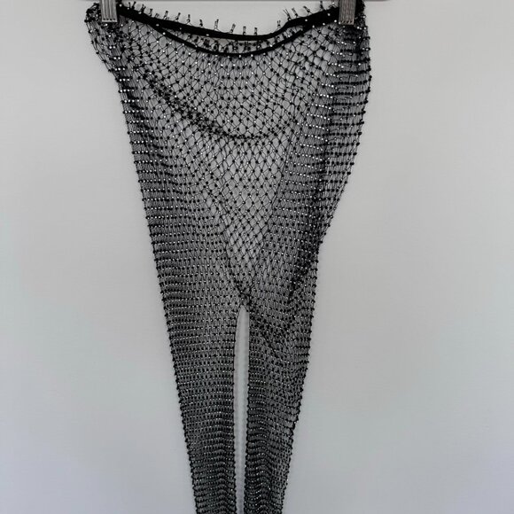 Women Crystal Mesh Black Pants Rhinestone See Through Fishnet Pants Festival - Picture 3 of 7